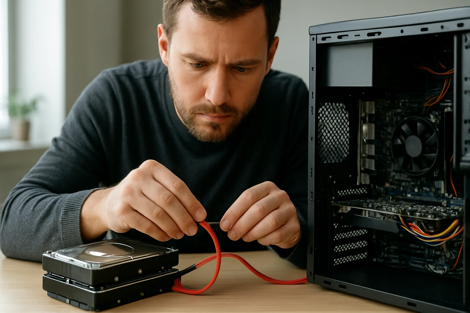 Egy férfi figyelmesen csatlakoztat egy piros kábelt a számítógép belsejében lévő alkatrészekhez.