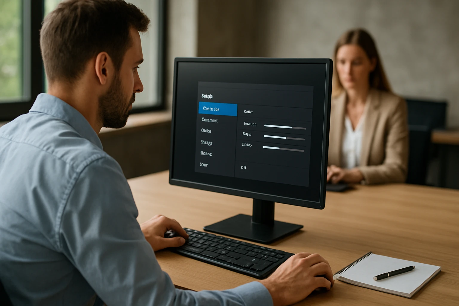 Egy férfi számítógép előtt ül, beállításokat módosít a képernyőn.