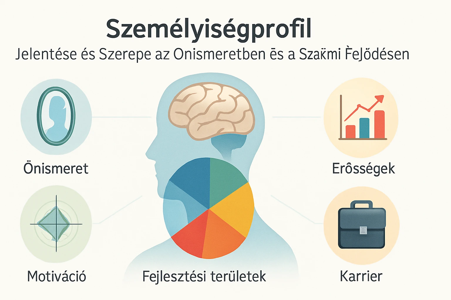 A személyiségprofil jelentőségét bemutató grafika, agy és fejlődési területek ábrázolásával.