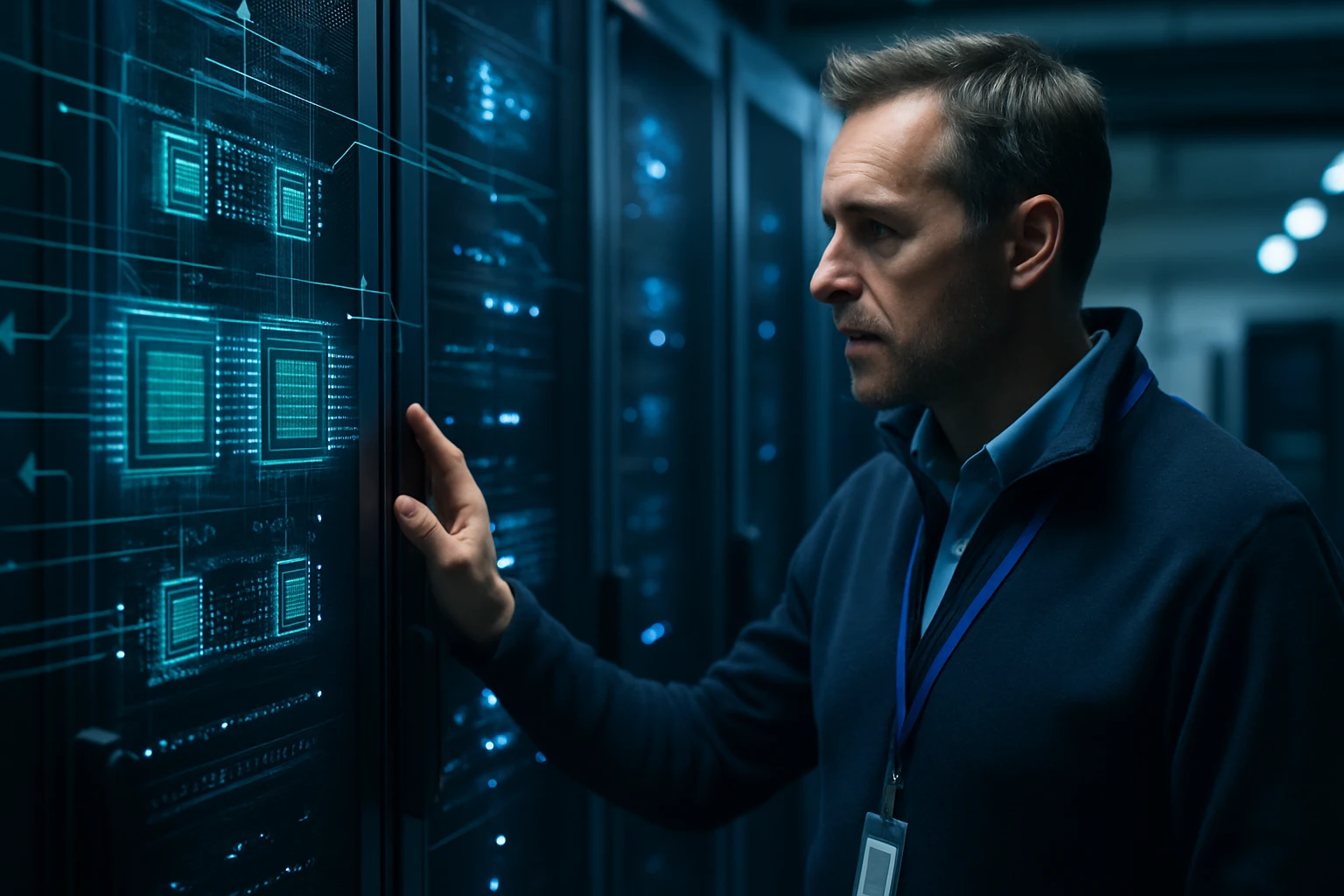 Egy férfi figyelmesen nézi a szerverek kijelzőjét, miközben kezével érinti azt.