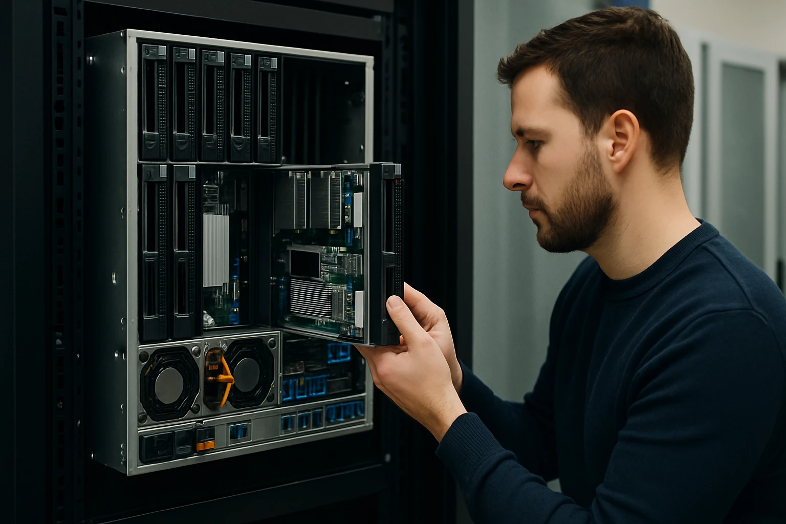 Egy férfi szerverházban egy számítógép alkatrészt helyez be a rackbe.