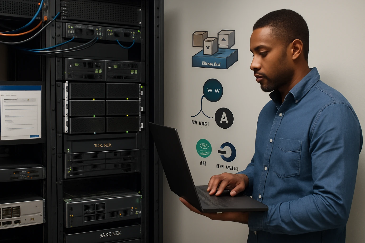 Egy férfi laptopot használ egy szerver szekrény előtt, háttérben hálózati eszközökkel.