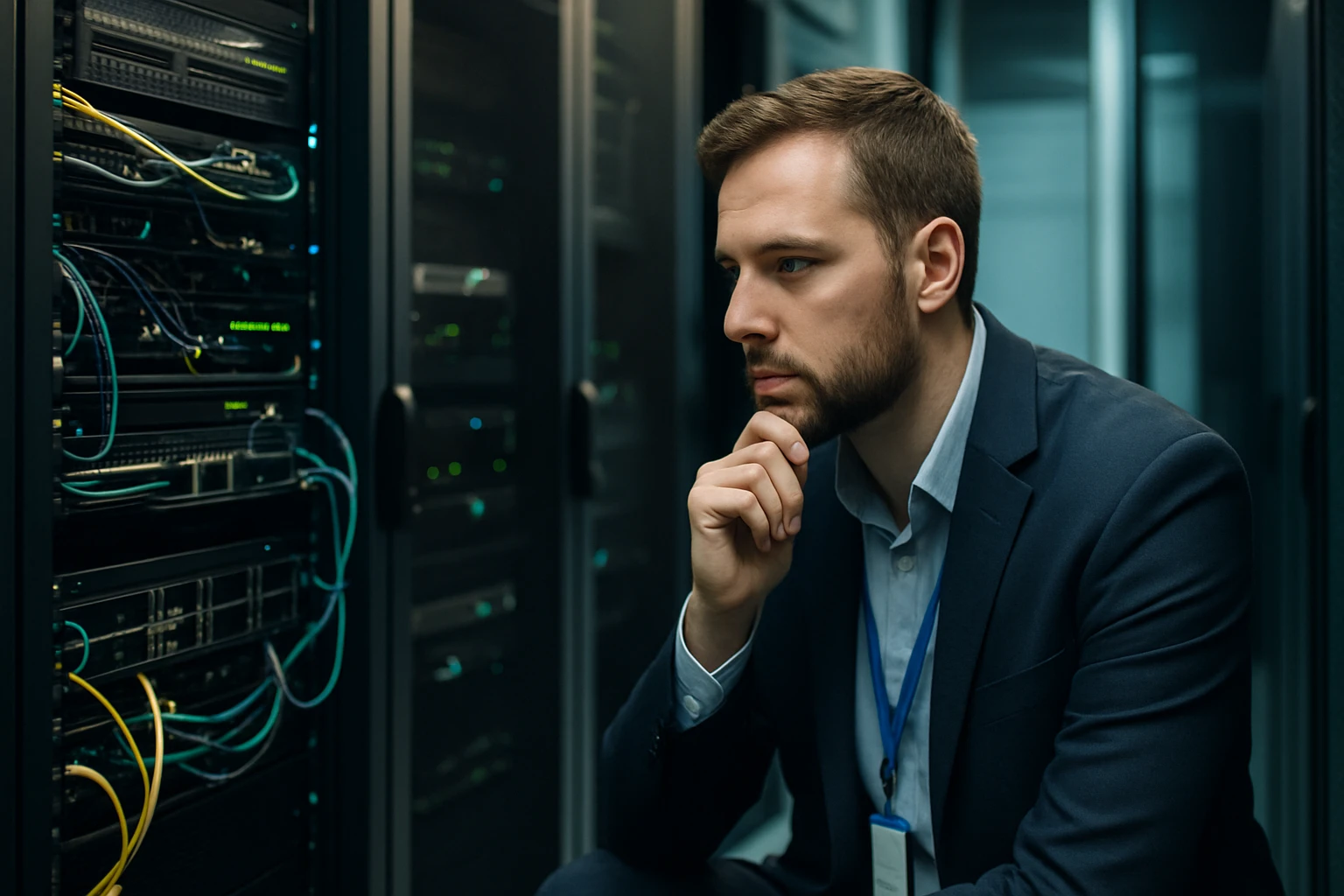 Egy férfi gondolkodik a szerverek előtt, háttérben kábelek és zöld fények.