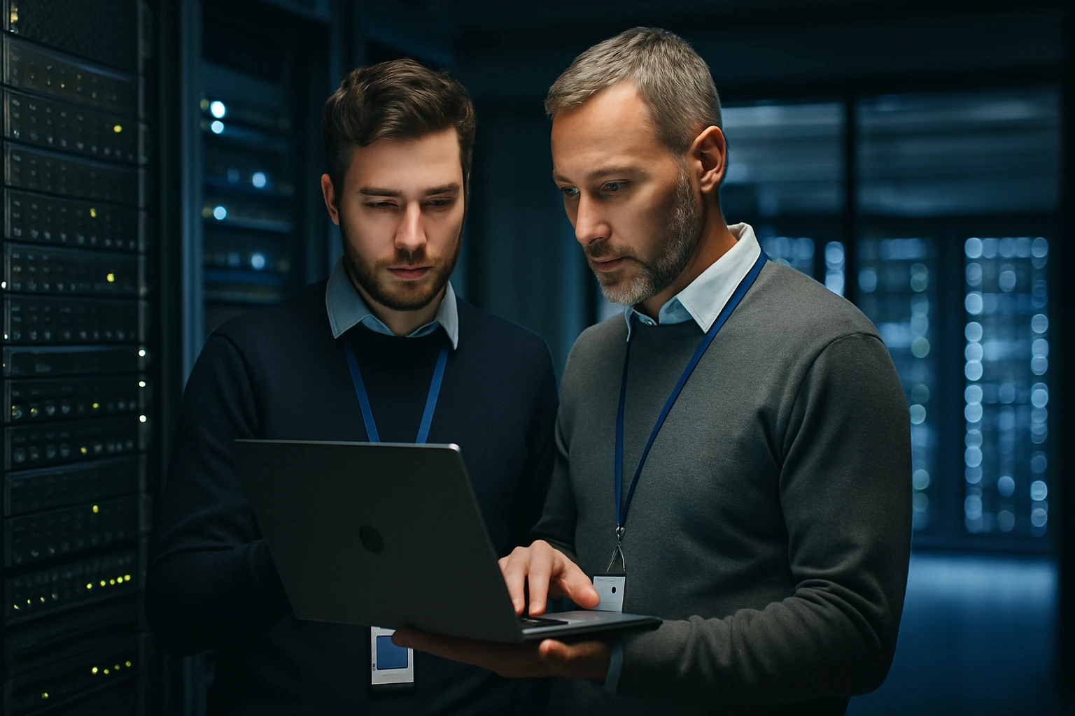 Két férfi egy sötét szerverteremben laptopot néz, technikai elemzést végeznek.