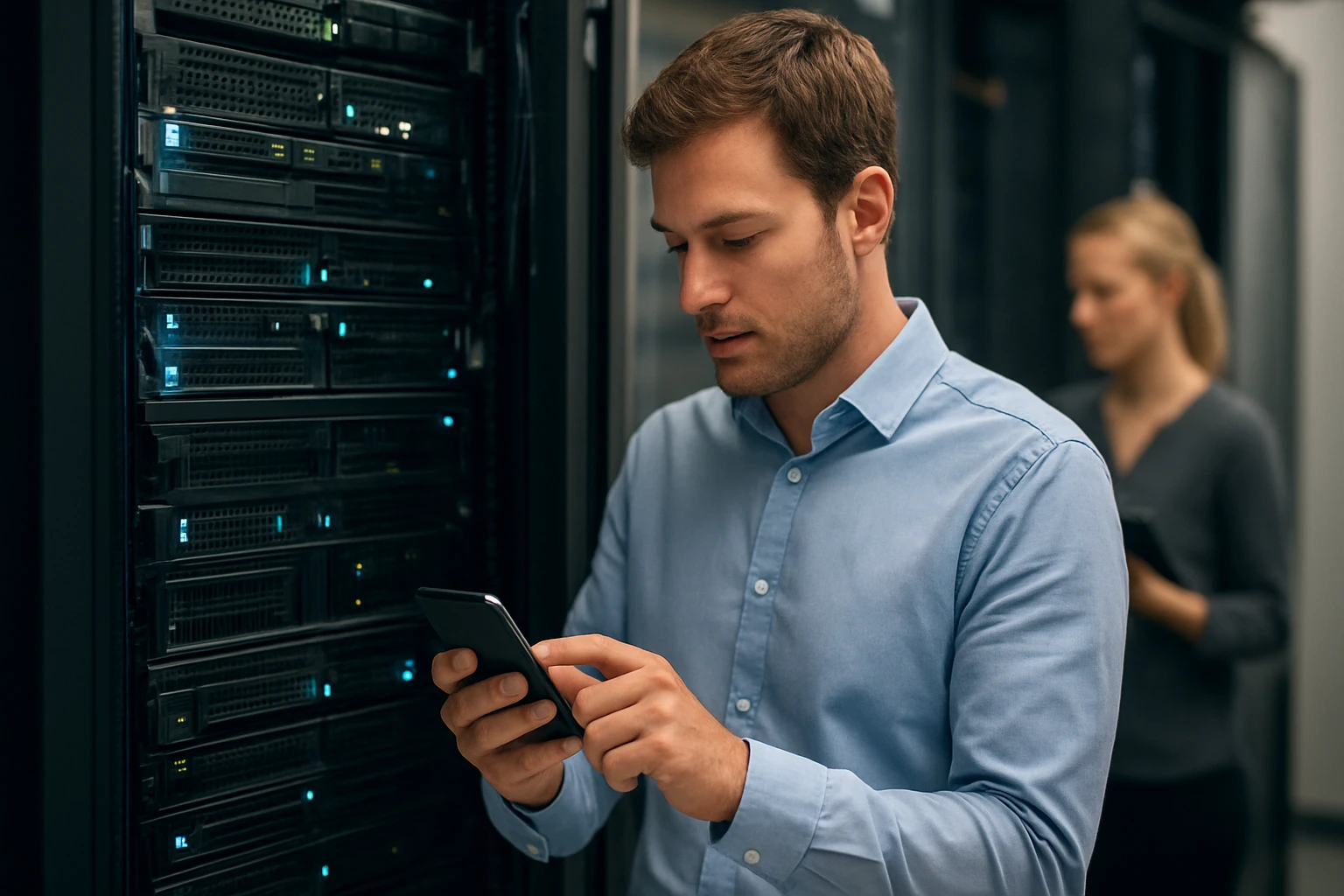 Egy férfi okostelefonján dolgozik egy szerverteremben, háttérben női kolléga.