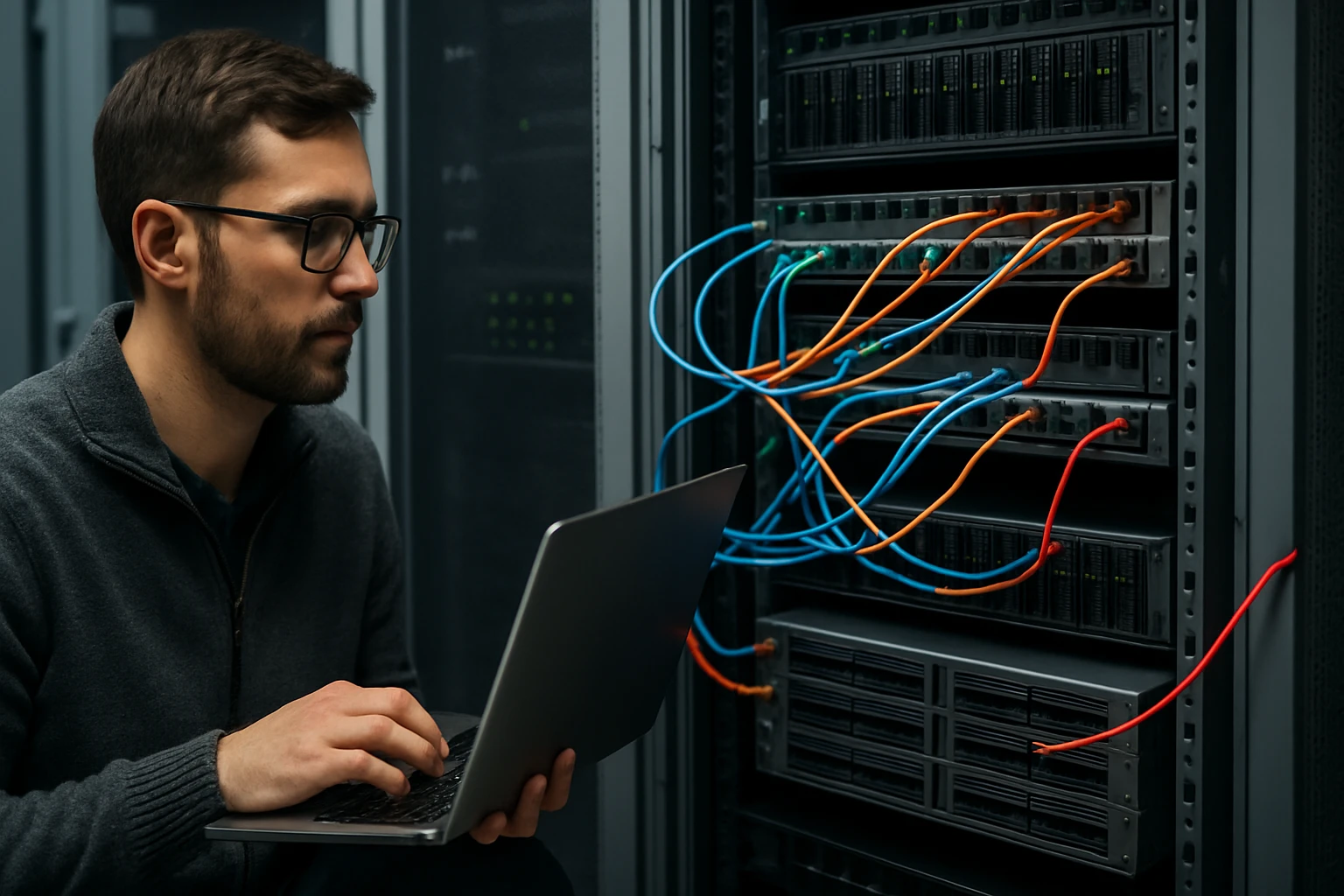 Egy férfi laptopot használ egy szerverteremben, körülötte színes kábelek.