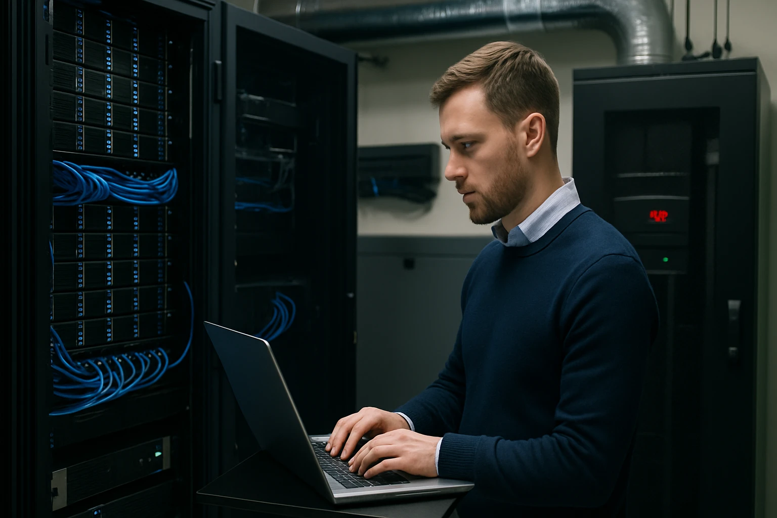 Egy férfi laptopon dolgozik egy szerverteremben, háttérben kék kábelezéssel.