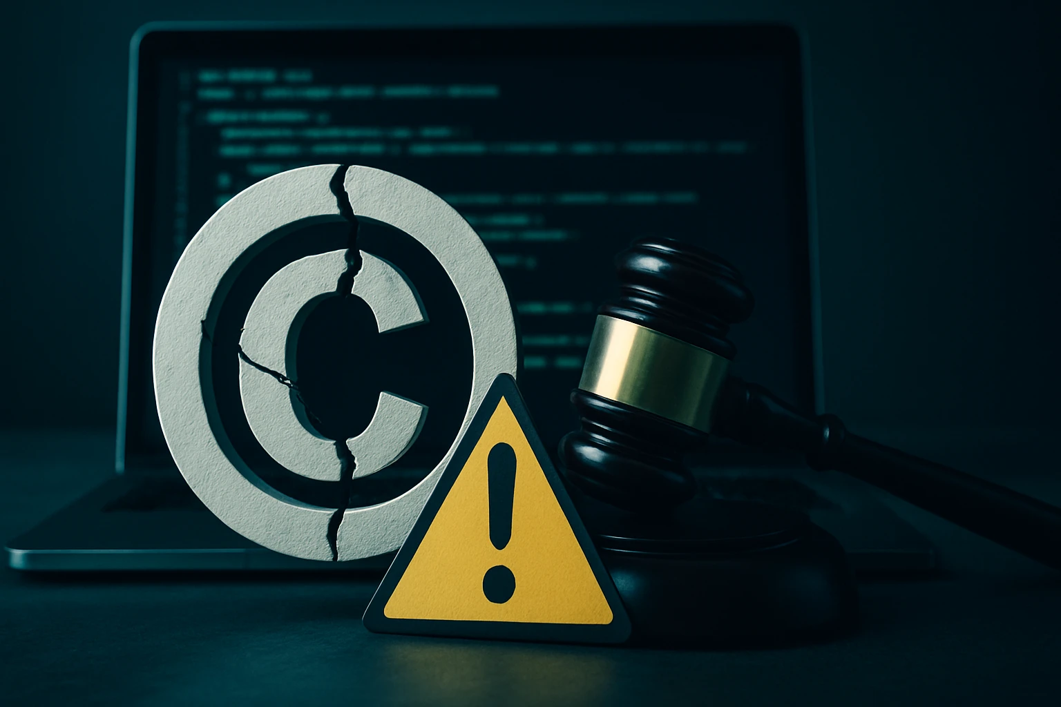 Egy törött szerzői jogi jelzés, figyelmeztető tábla és kalapács egy laptop előtt.