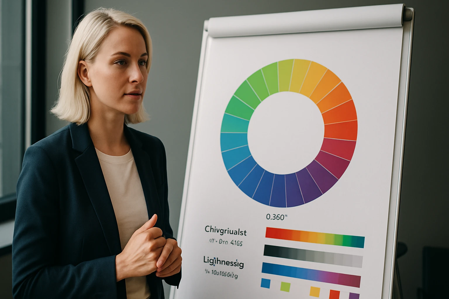 Egy nő egy színtáblázat előtt áll, amely színköröket és árnyalatokat mutat.