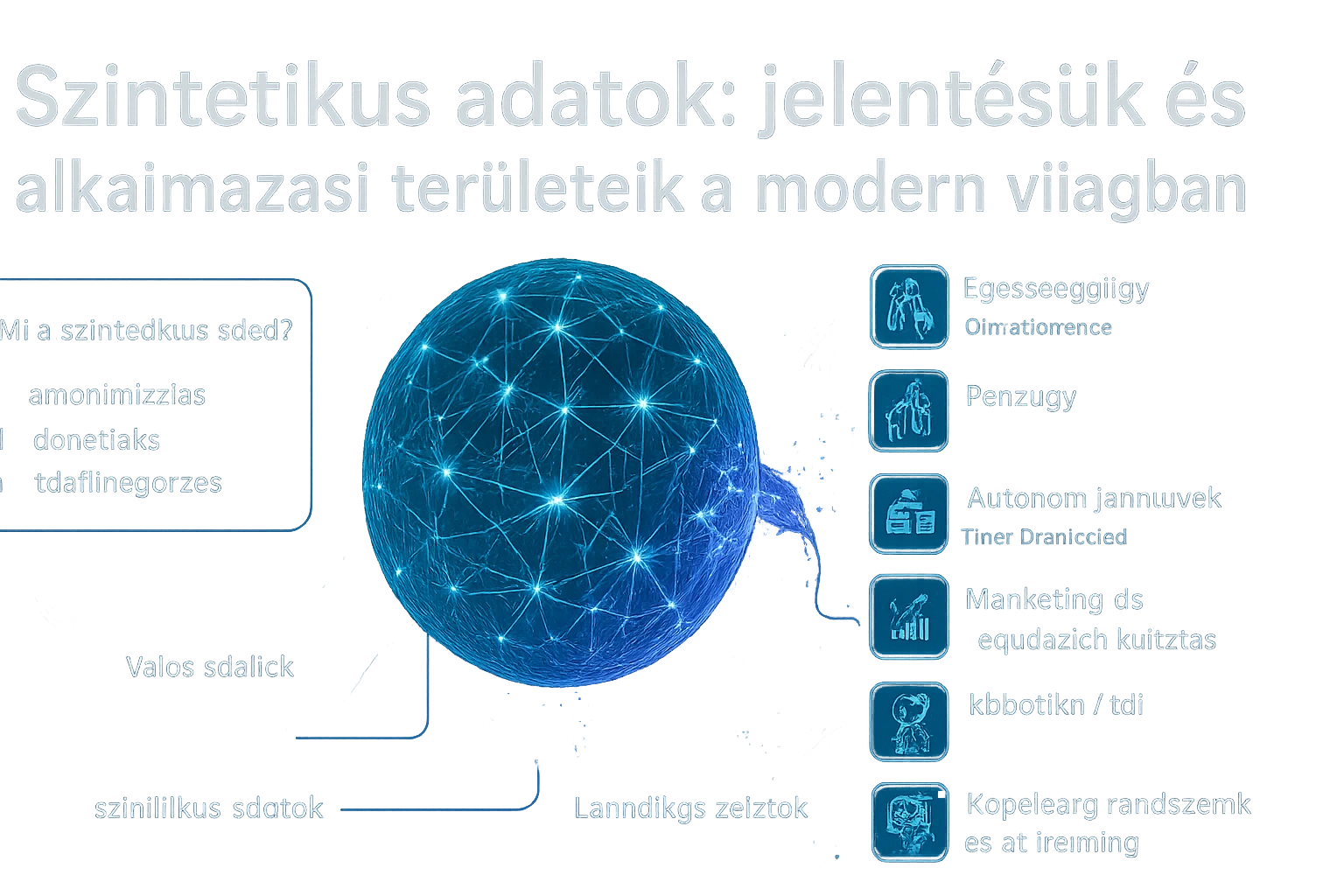 Egy globális hálózatot ábrázoló grafika, amely a szintetikus adatok alkalmazásait mutatja be.