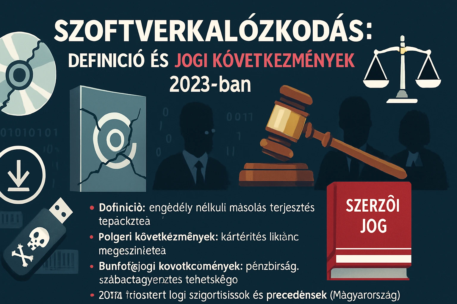 A szoftverkalózkodás jogi következményeit bemutató grafika 2023-ból.