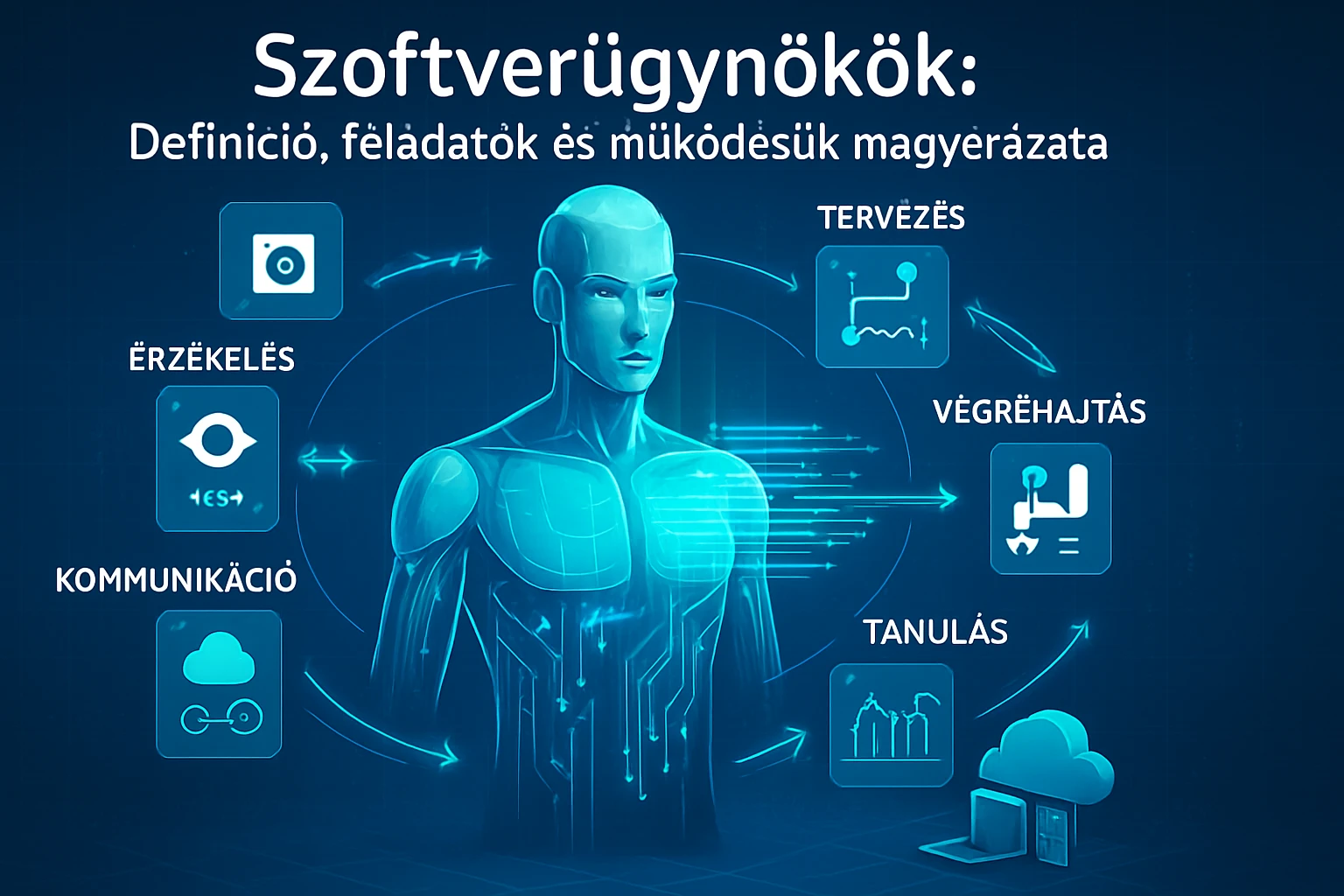 Egy futurisztikus humanoid figura, amely a szoftverügynökök működését ábrázolja.