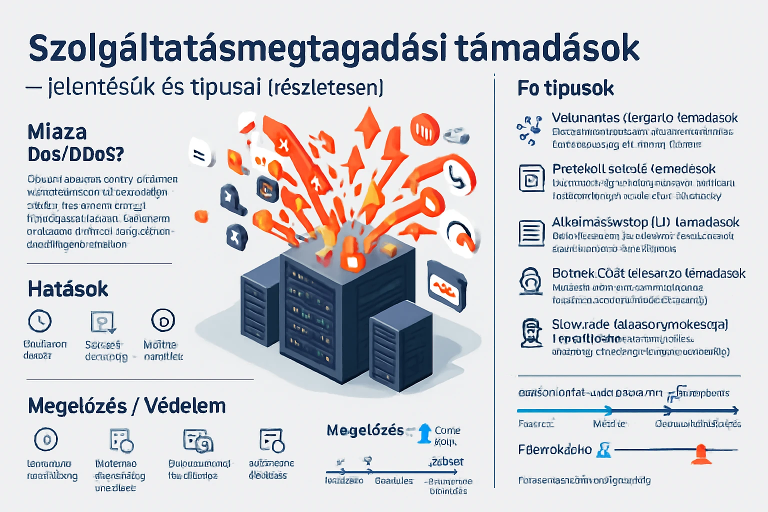 Egy adatközpont, amelyet különböző támadások szimbolizálnak, mint a DDoS.