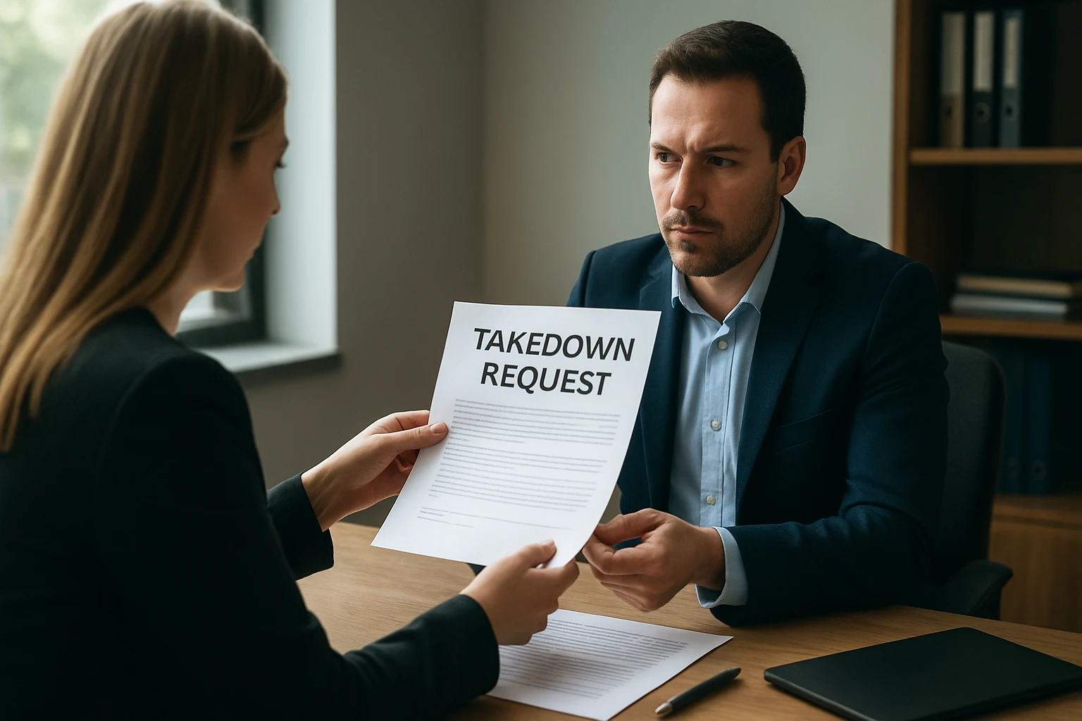 Egy nő átad egy takedown kérést egy férfinak egy irodai környezetben.