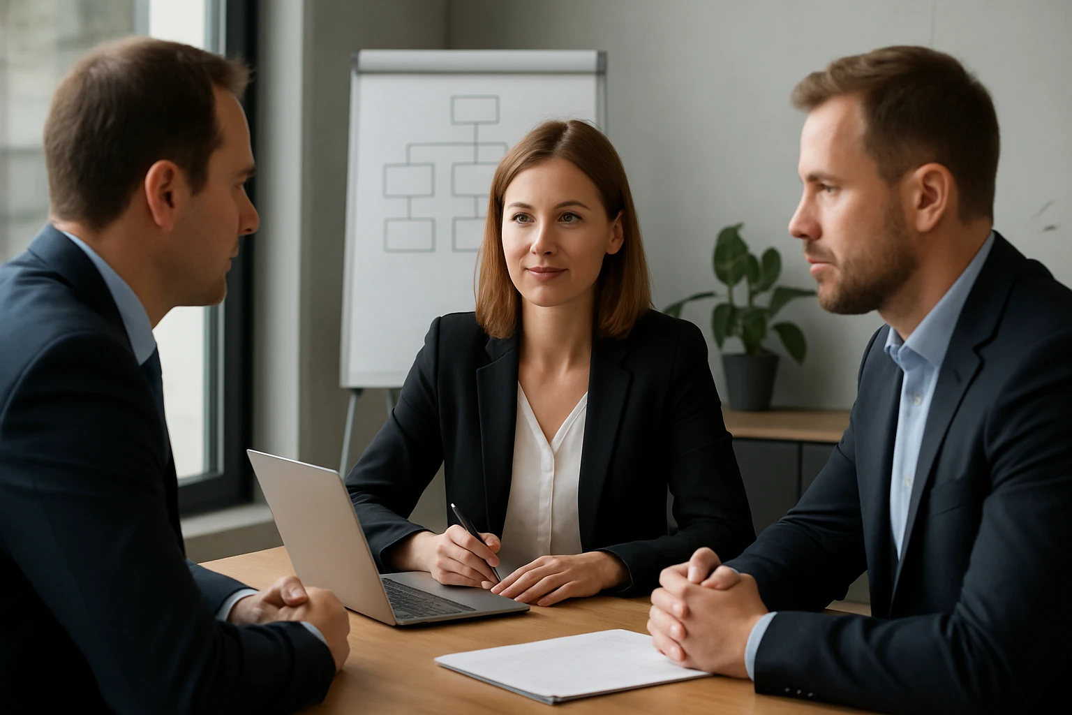 Három üzletember ül egy tárgyalóasztalnál, laptop és jegyzetlap előtt.
