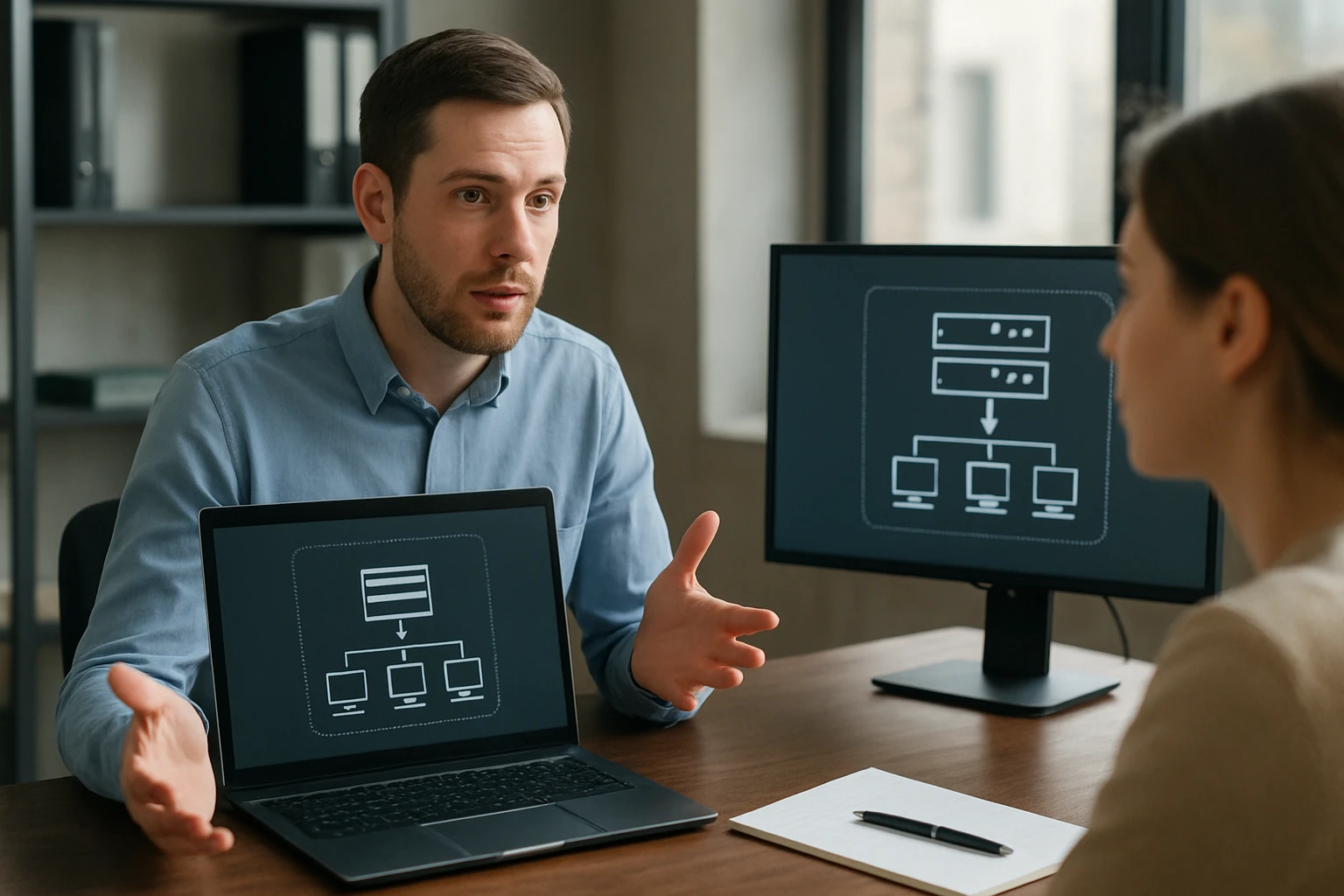 Egy férfi laptopon és monitoron bemutat egy technikai diagramot, miközben beszél.