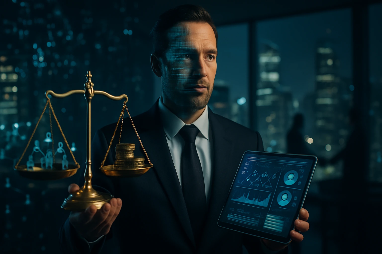 Egy férfi öltönyben, aki egyensúlyoz a mérleg és egy táblagép között.