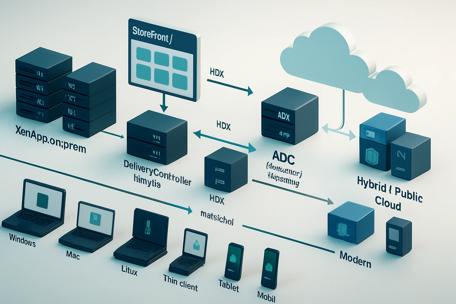 A képen egy technológiai architektúra ábrázolása látható, különböző szerverek és eszközök kapcsolódásával.