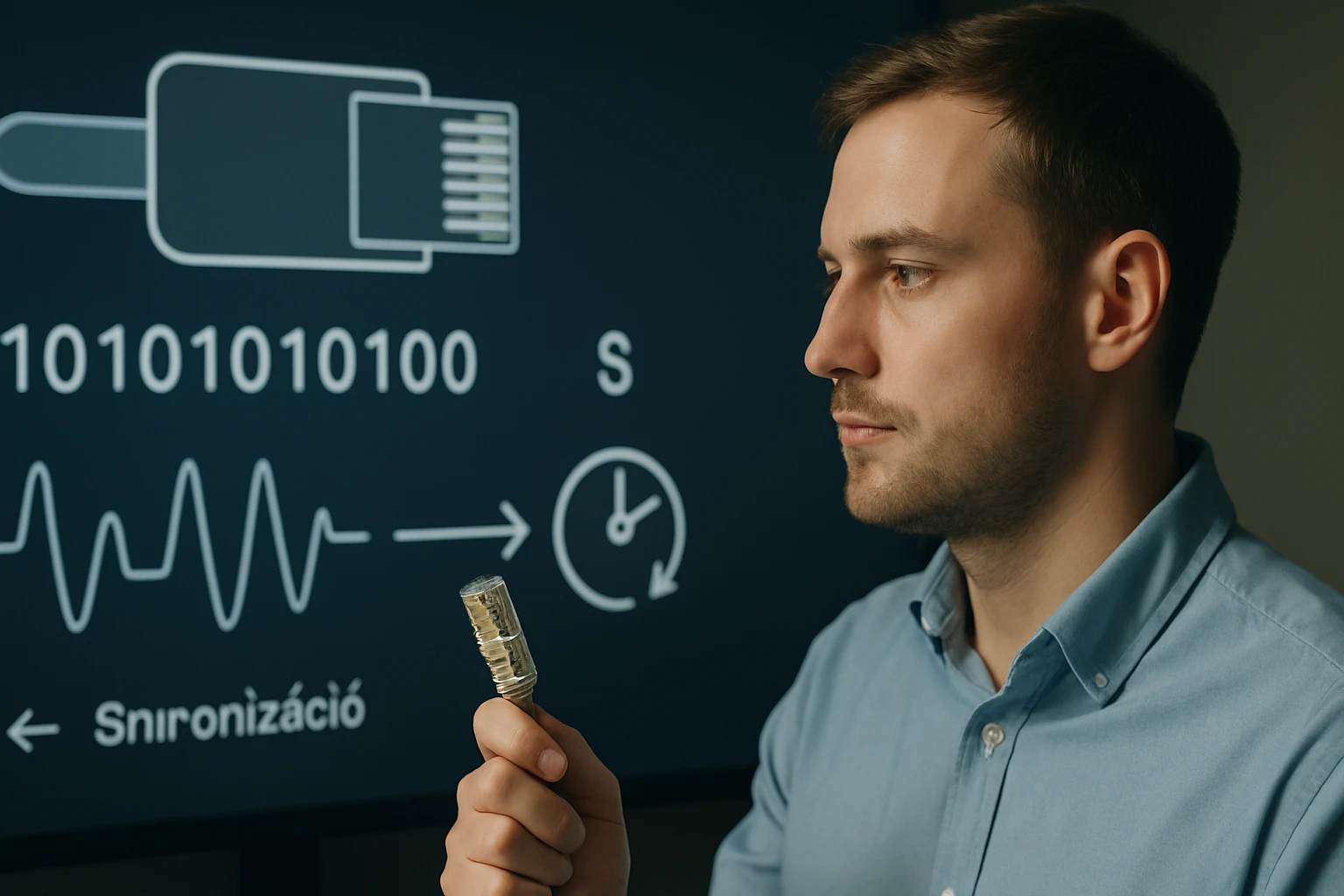 Egy férfi, aki egy csatlakozót tart a kezében, háttérben technikai diagramokkal.