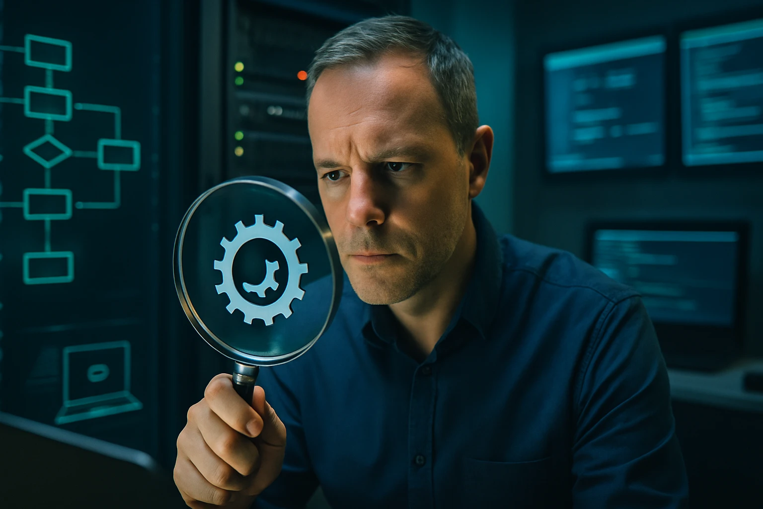 Egy férfi nagyítóval vizsgál egy fogaskerék szimbólumot, háttérben számítógépek.