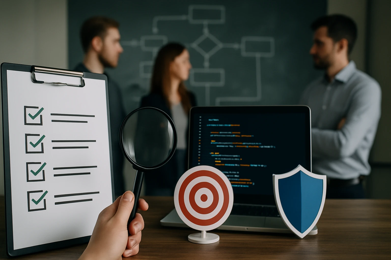 Egy kéz magnóval tart egy ellenőrzőlistát, háttérben laptop és emberek.