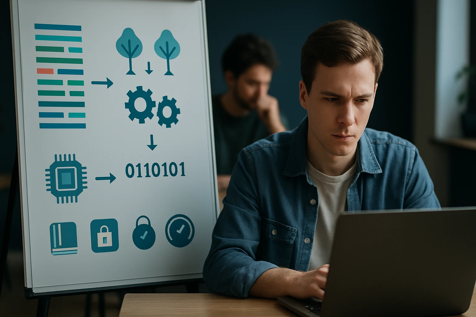Egy fiatal férfi laptop előtt ül, háttérben egy táblán technológiai diagramok láthatók.