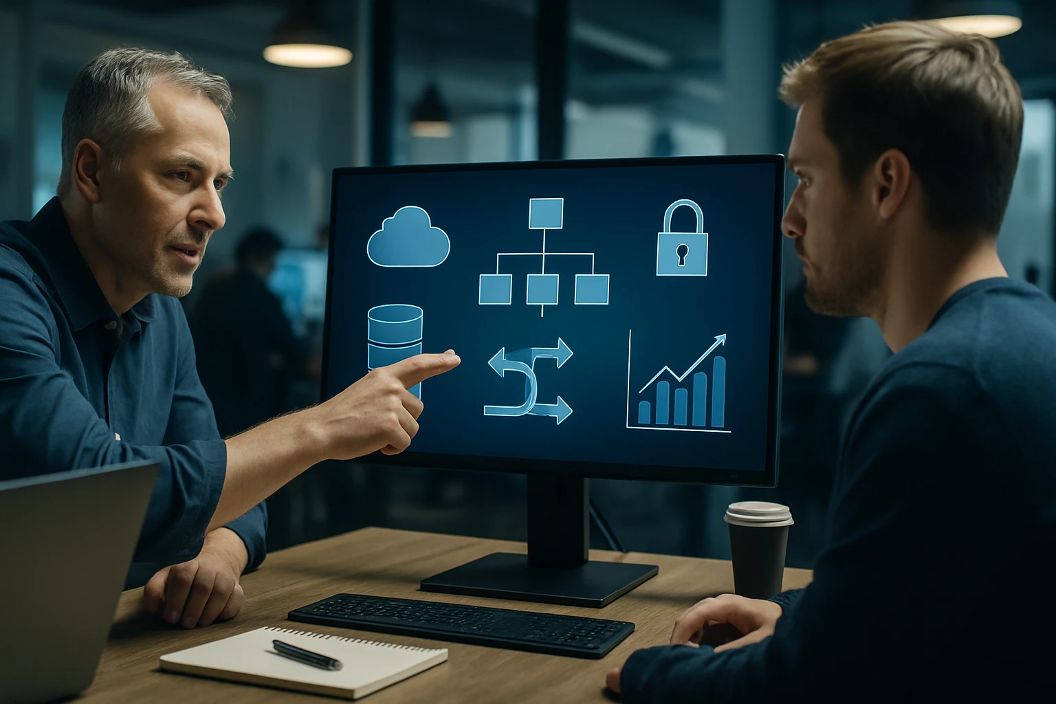 Két férfi egy számítógép előtt, technológiai diagramokat elemzik.