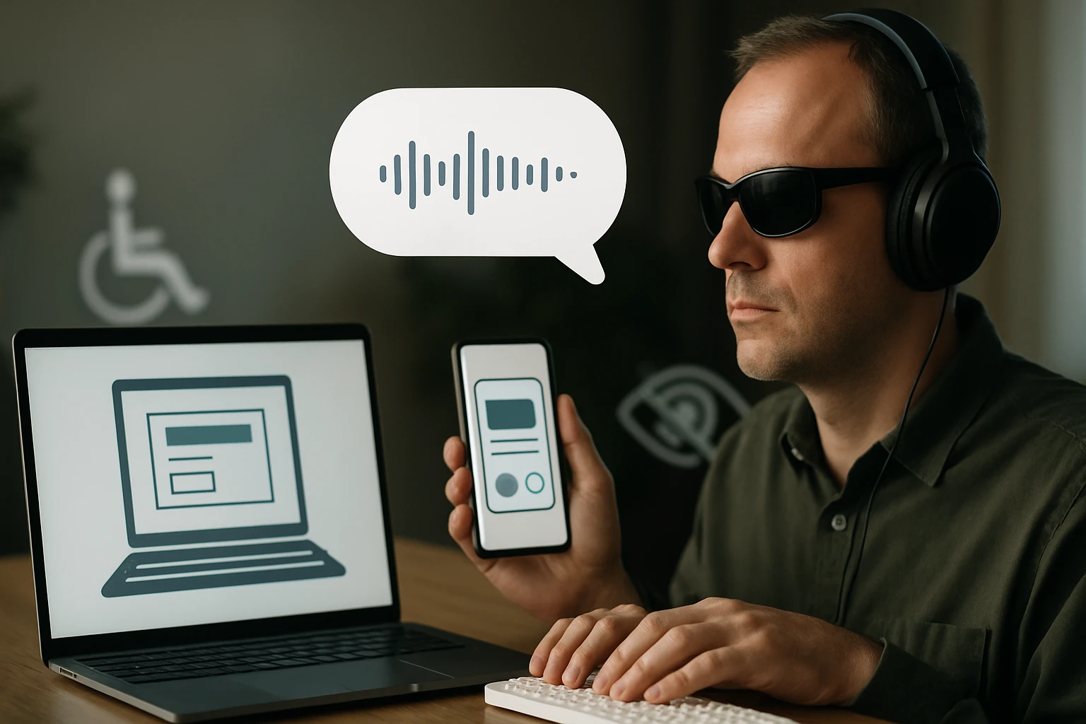 Egy férfi, aki napszemüveget visel, laptopot és okostelefont használ.