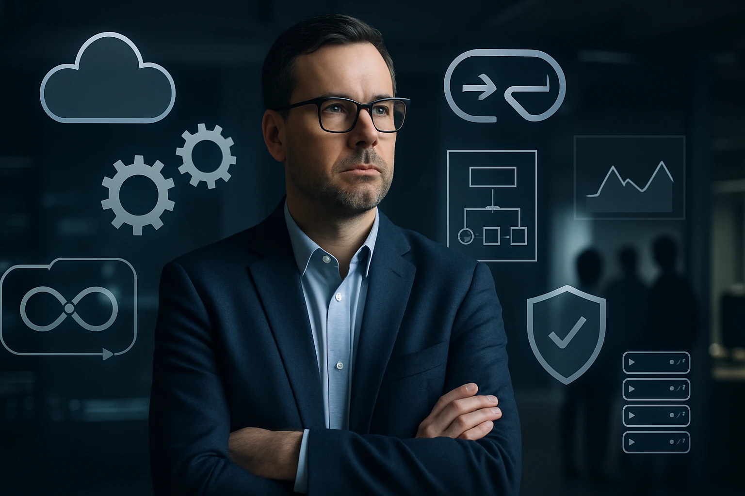 Egy férfi, aki technológiai grafikonok és ikonok előtt áll, komoly arckifejezéssel.