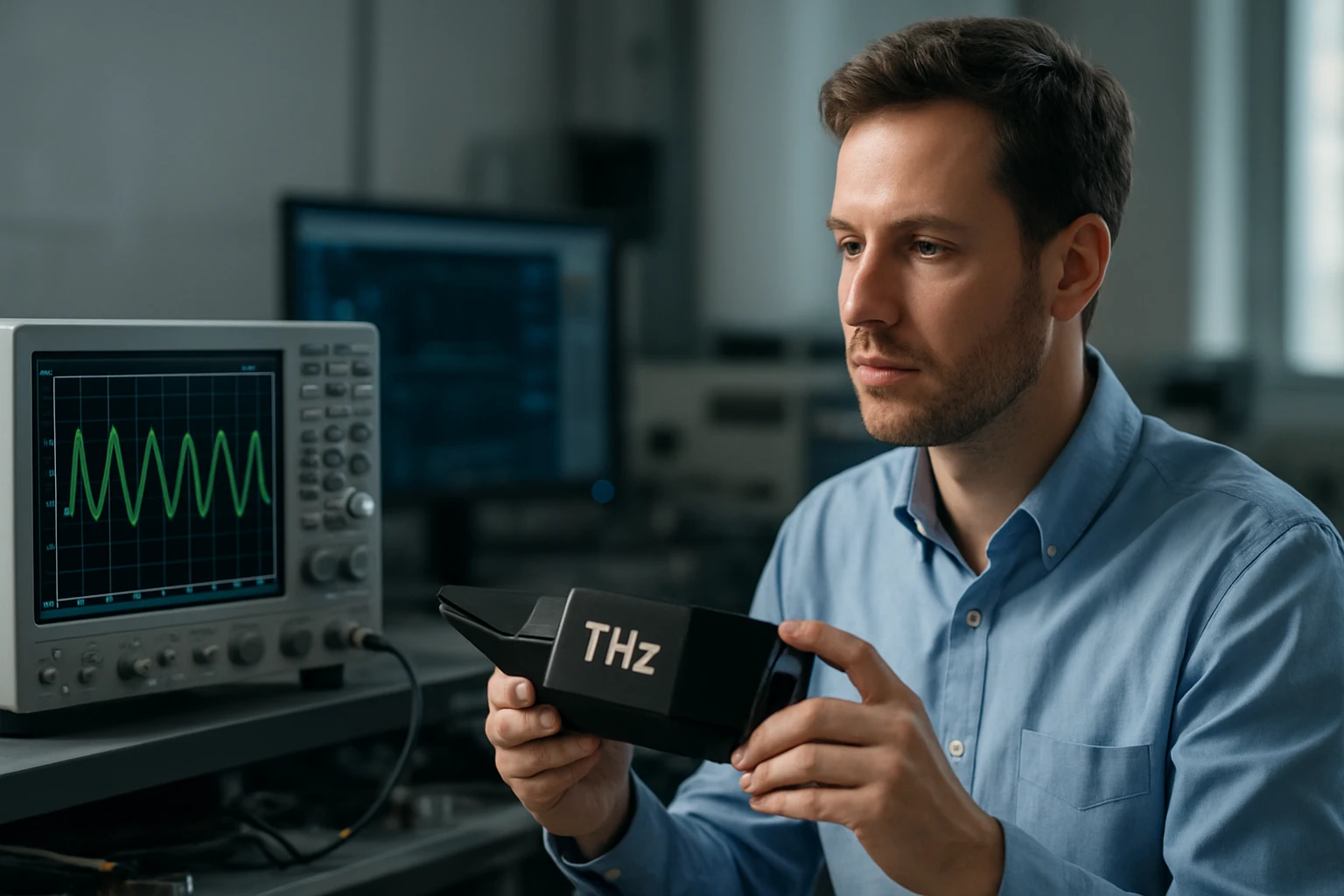 Egy férfi THz mérőműszert tart a kezében, miközben egy oszcilloszkóp képernyőjét nézi.