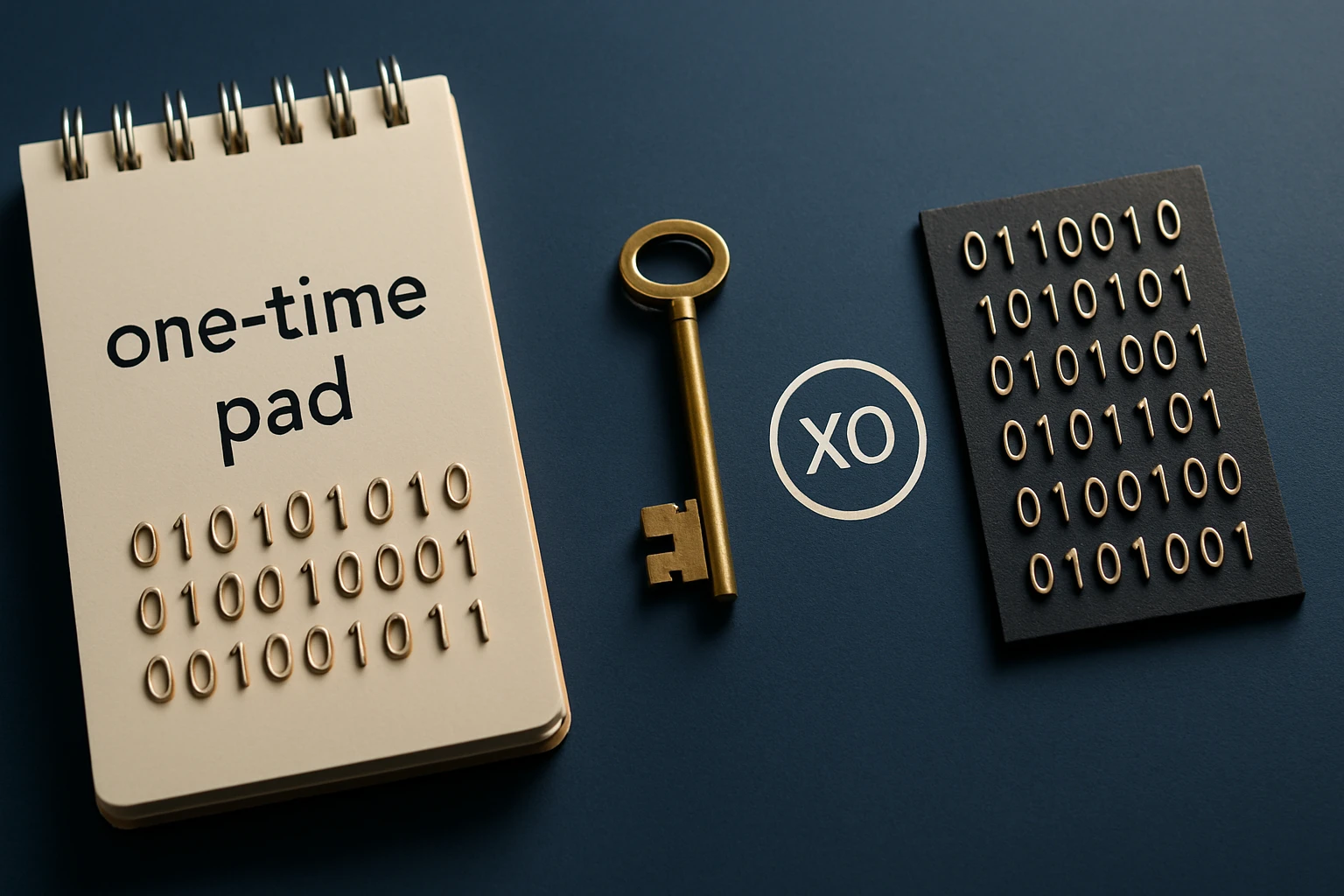 Egy jegyzetfüzet, kulcs és kódolt üzenet a titkosításról.