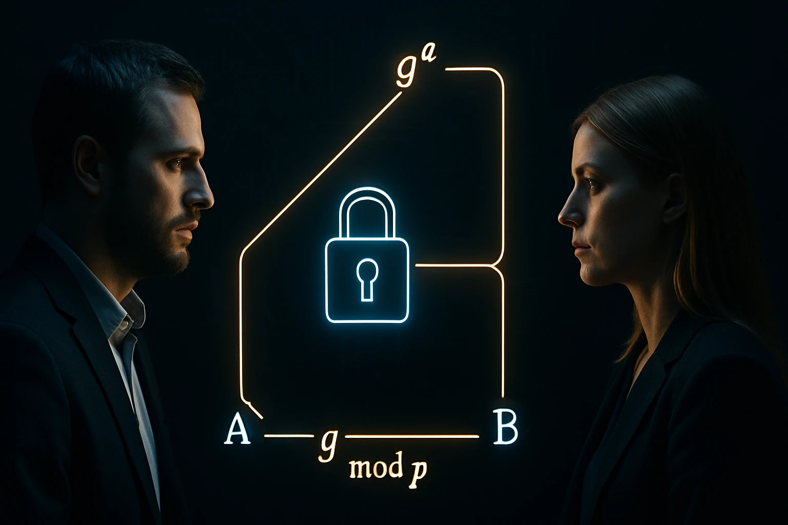 Két ember profilja egy sötét háttér előtt, titkosítási diagrammal.
