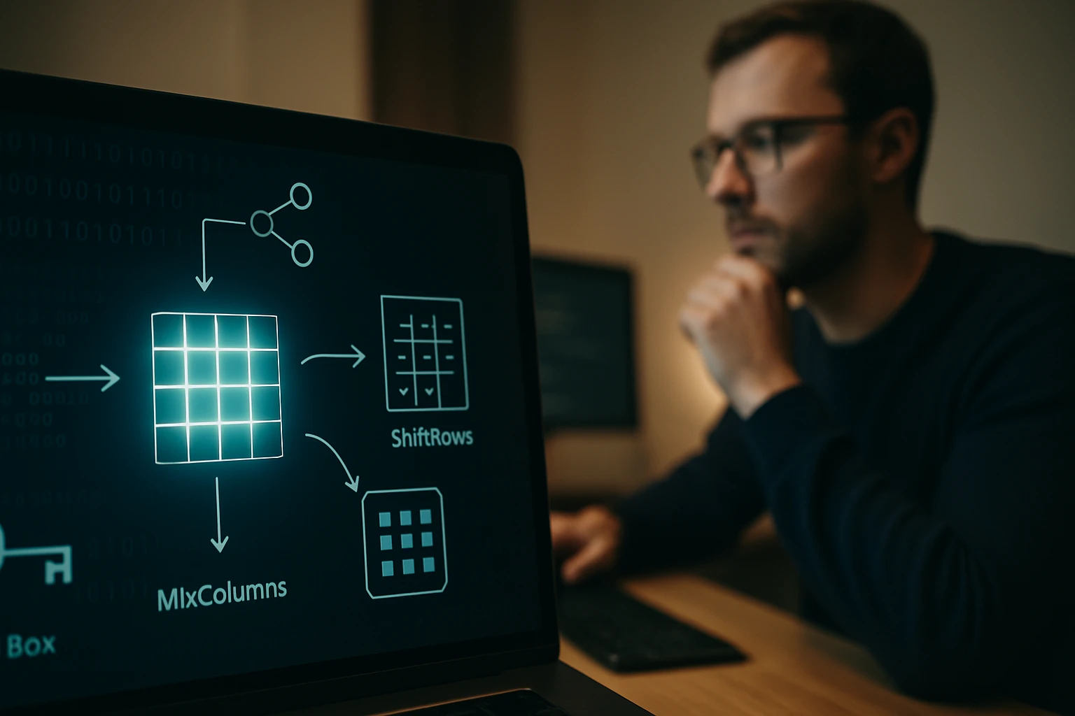 Egy férfi a számítógépén dolgozik, háttérben titkosítási algoritmusokkal.