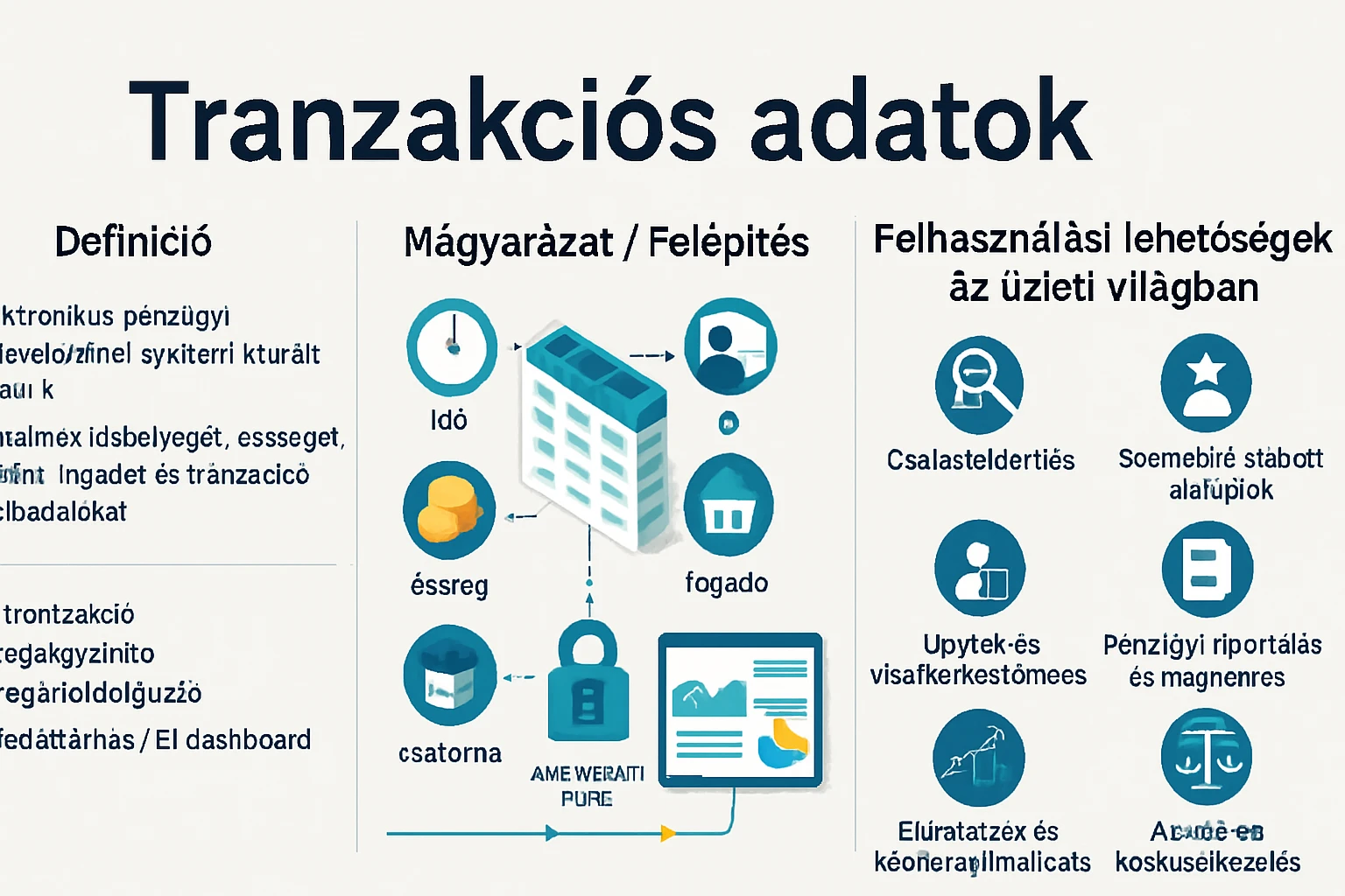 A tranzakciós adatok magyarázata, grafikus elemekkel és ikonokkal.