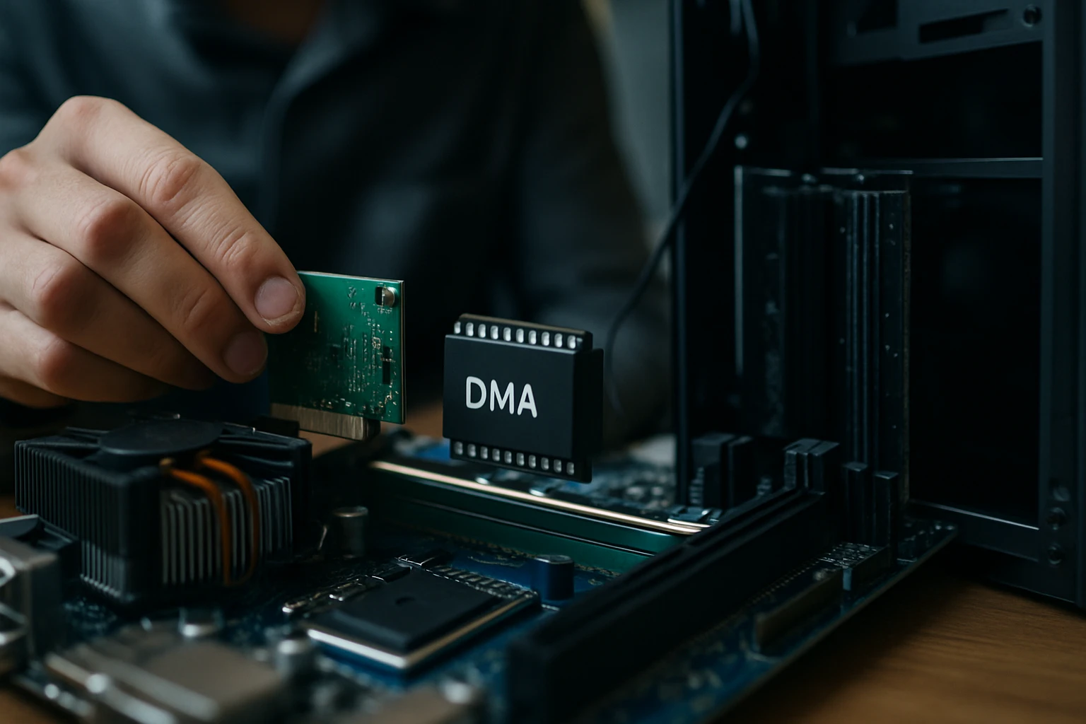 Egy kéz egy zöld nyomtatott áramkört helyez el egy számítógép alaplapján.