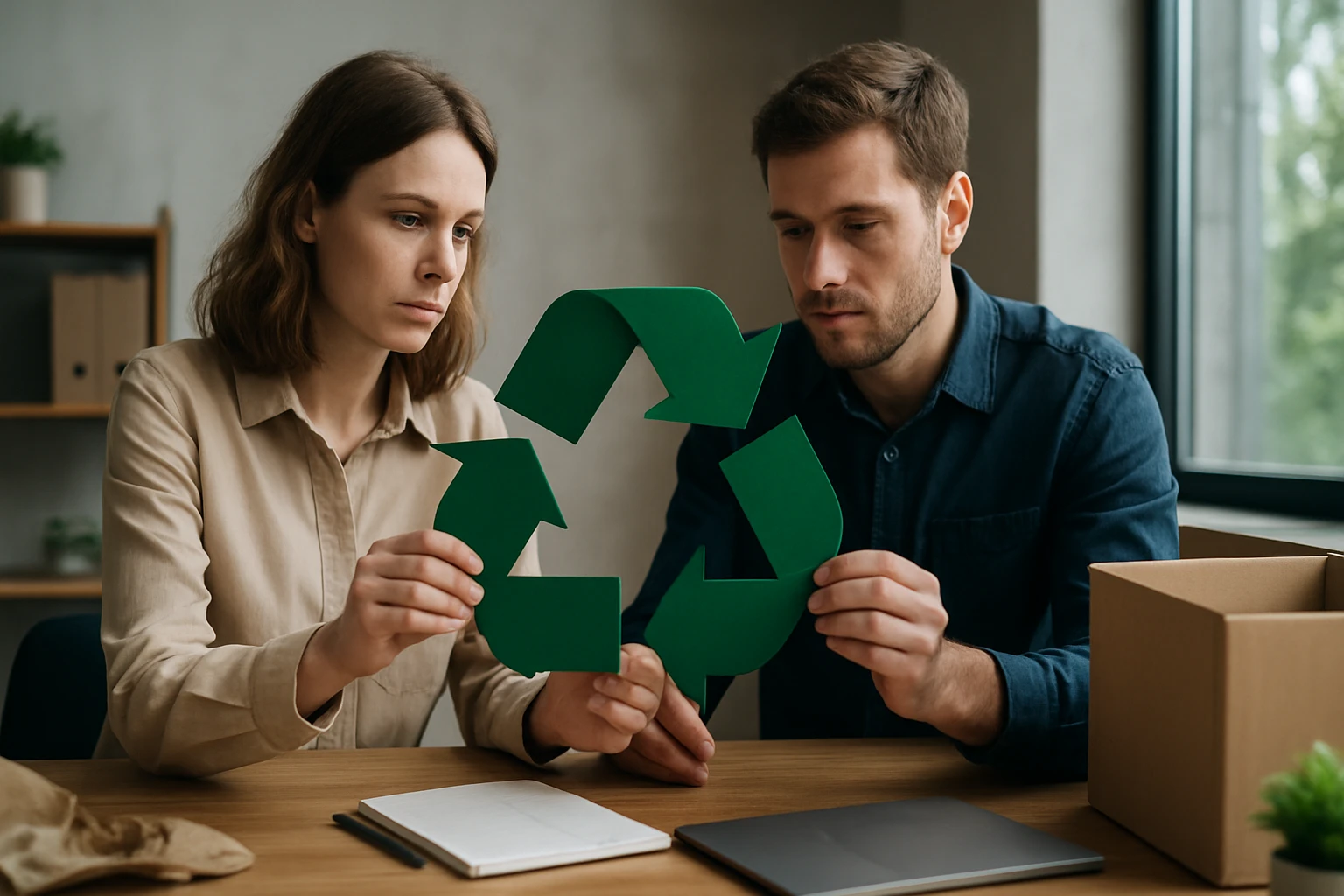 Két ember egy zöld újrahasznosítási szimbólumot tart a kezében, komolyan beszélgetve.