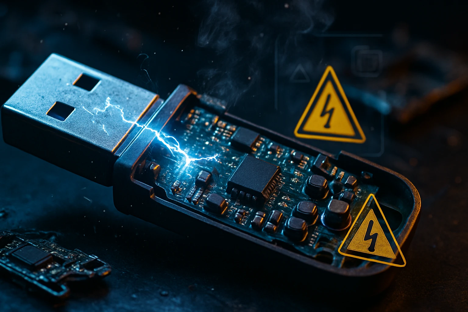 Egy USB csatlakozó belseje, elektromos kisülés látható.