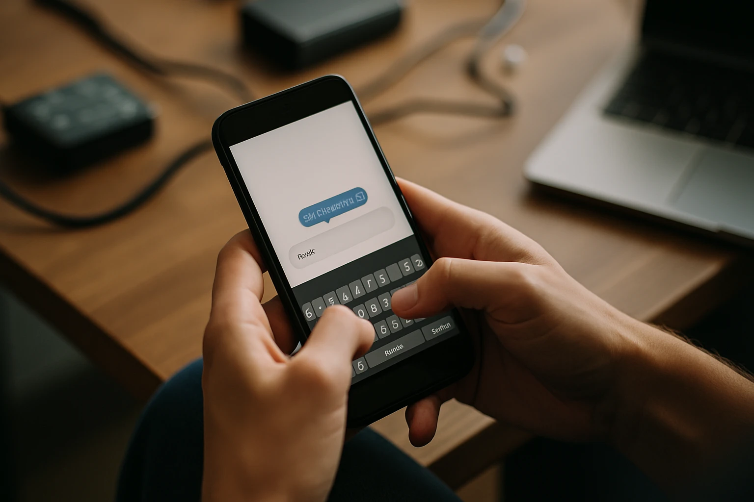 Egy kéz okostelefonon üzenetet ír, háttérben laptop és kábelek láthatók.