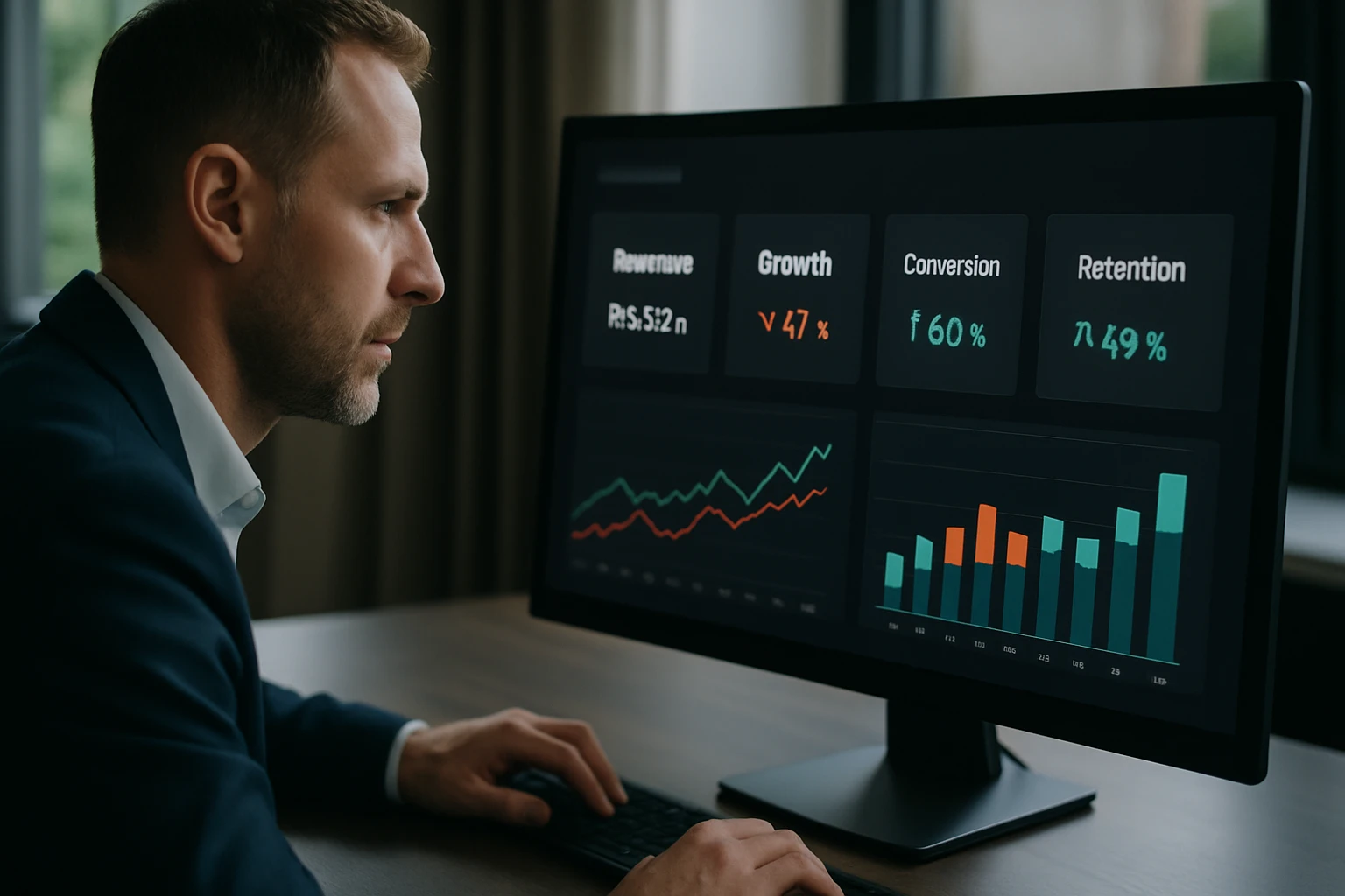 Egy férfi figyelmesen néz egy számítógép képernyőjére, ahol üzleti adatok láthatók.