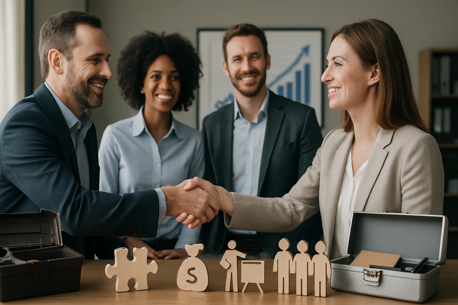 Két üzletember kezet fog, miközben a háttérben csapat és üzleti szimbólumok láthatók.