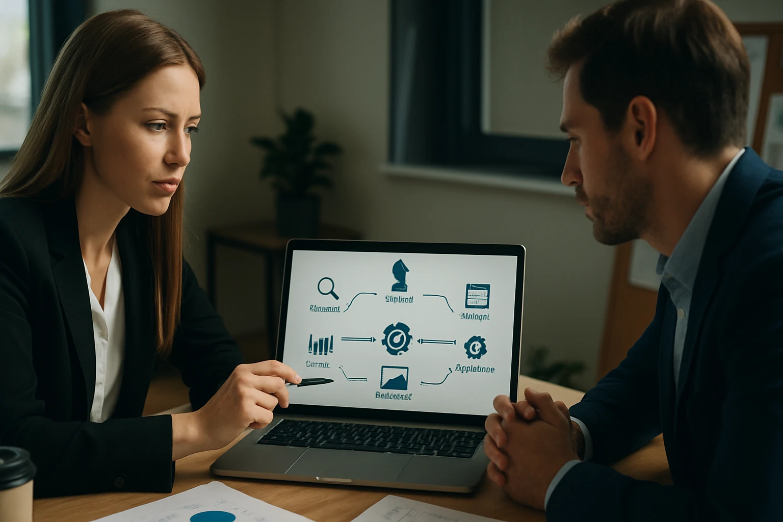 Két üzleti szakember egy laptop képernyőjén elemzéseket néz.