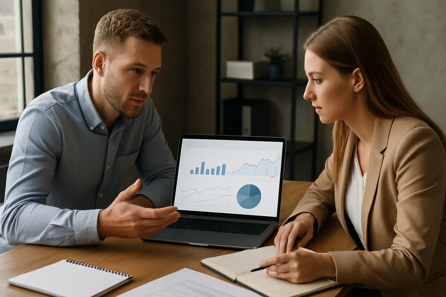 Két üzletember egy laptop előtt, adatelemzést vitatnak meg.