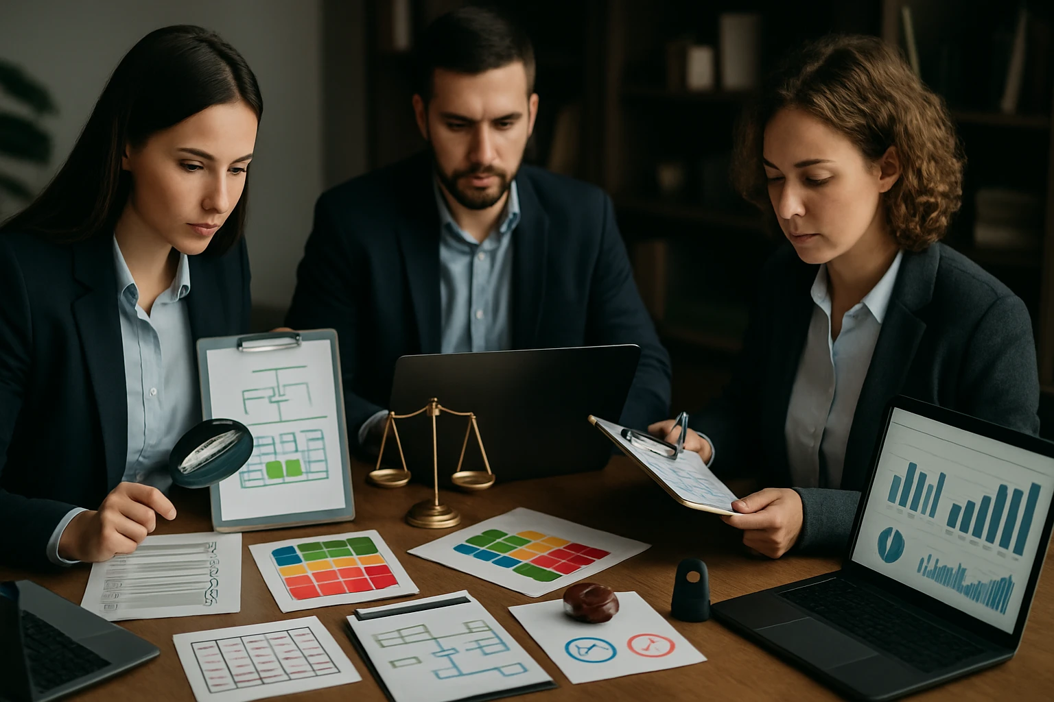 Három üzletember egy tárgyalóasztalnál, különböző grafikonokkal és táblázatokkal dolgoznak.