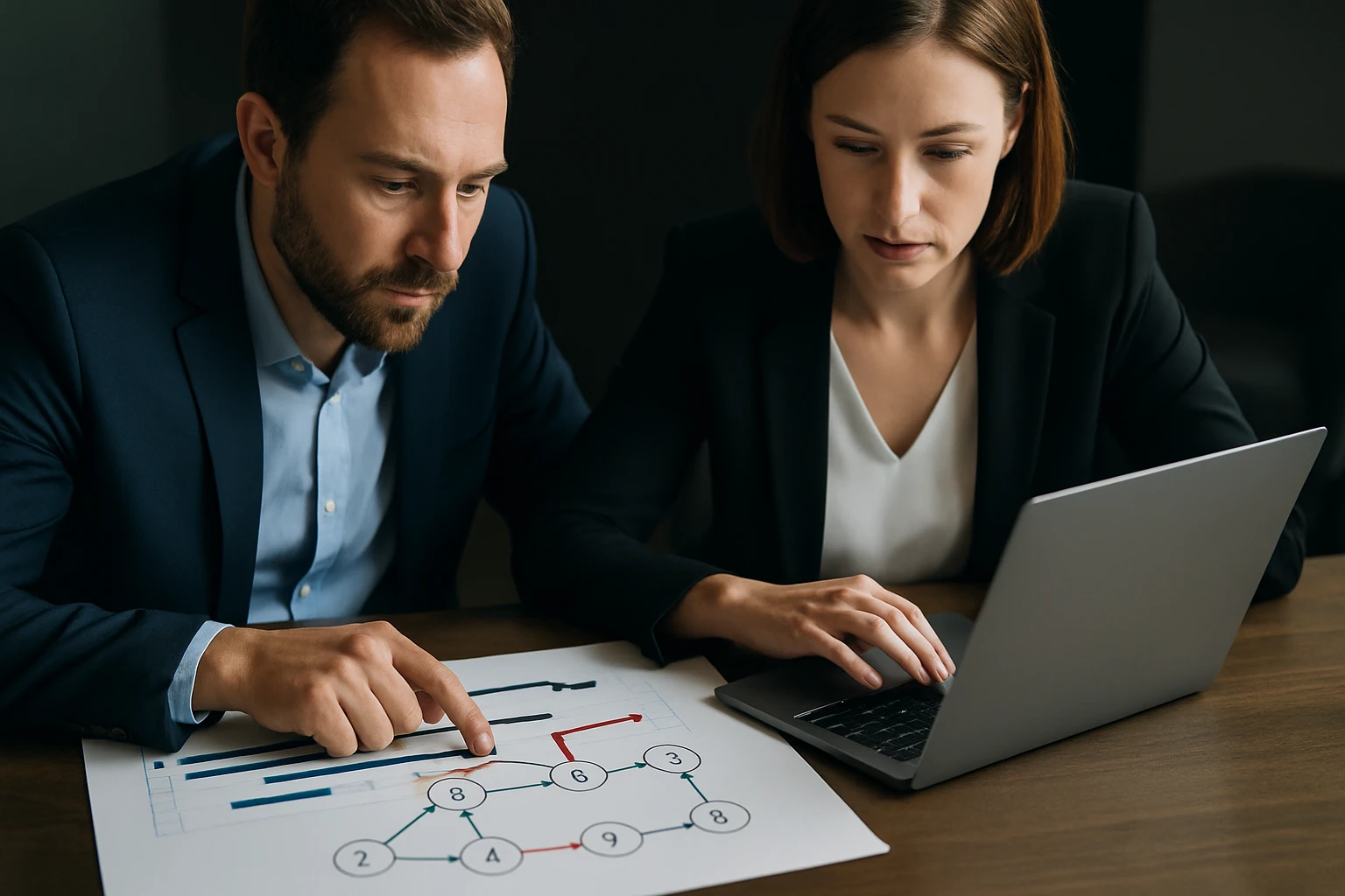 Két üzletember egy grafikonon dolgozik, az egyik laptopot használ.