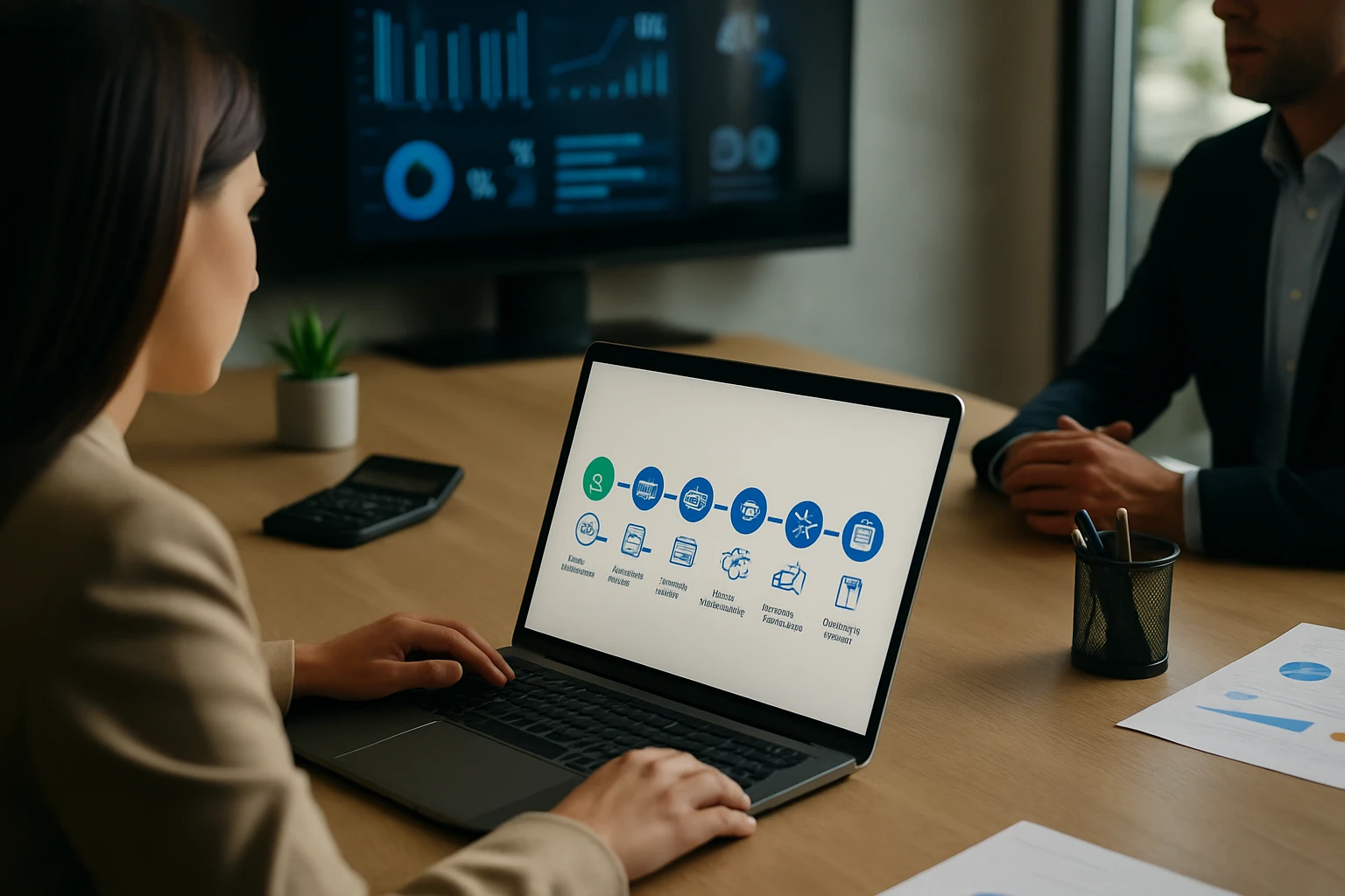 Egy nő laptopján üzleti folyamatokat bemutató grafika látható, háttérben adatelemző táblázatokkal.