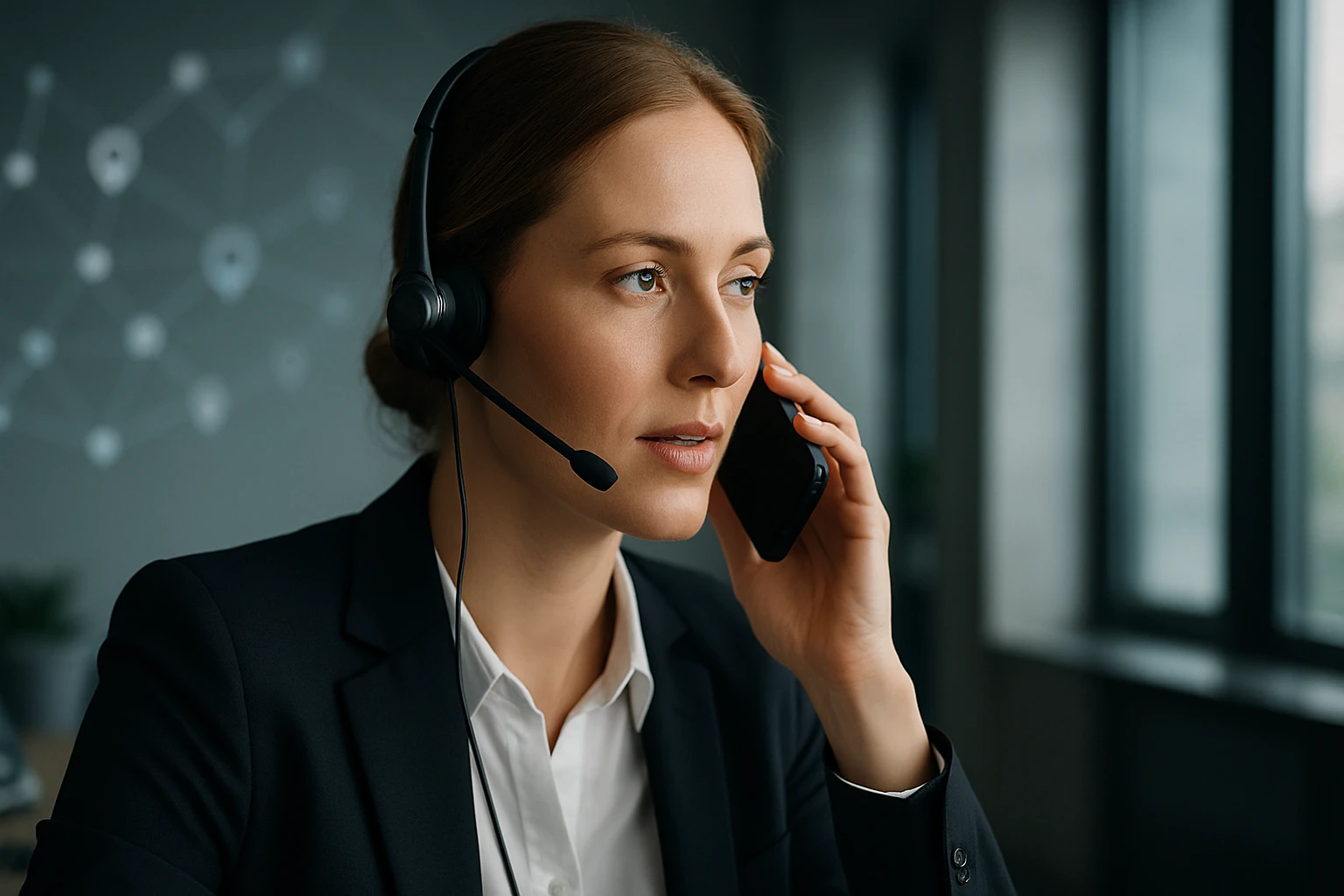 Egy nő fülhallgatóval telefonál, üzleti környezetben.