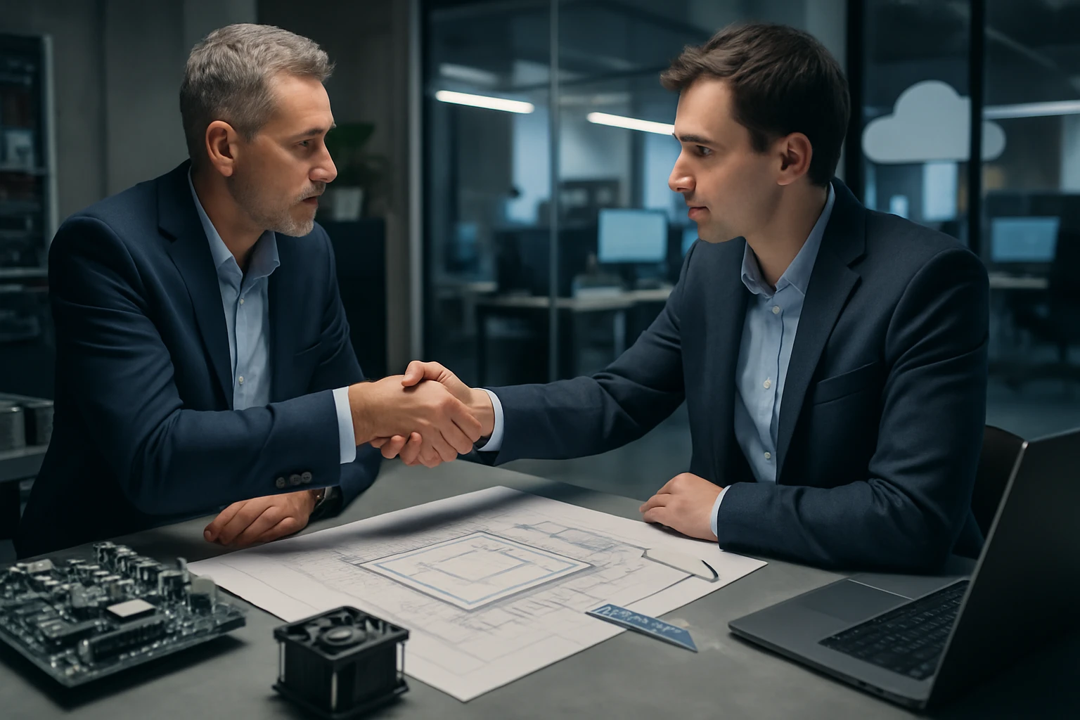 Két üzletember kezet fog egy tárgyalás során, technológiai tervekkel az asztalon.