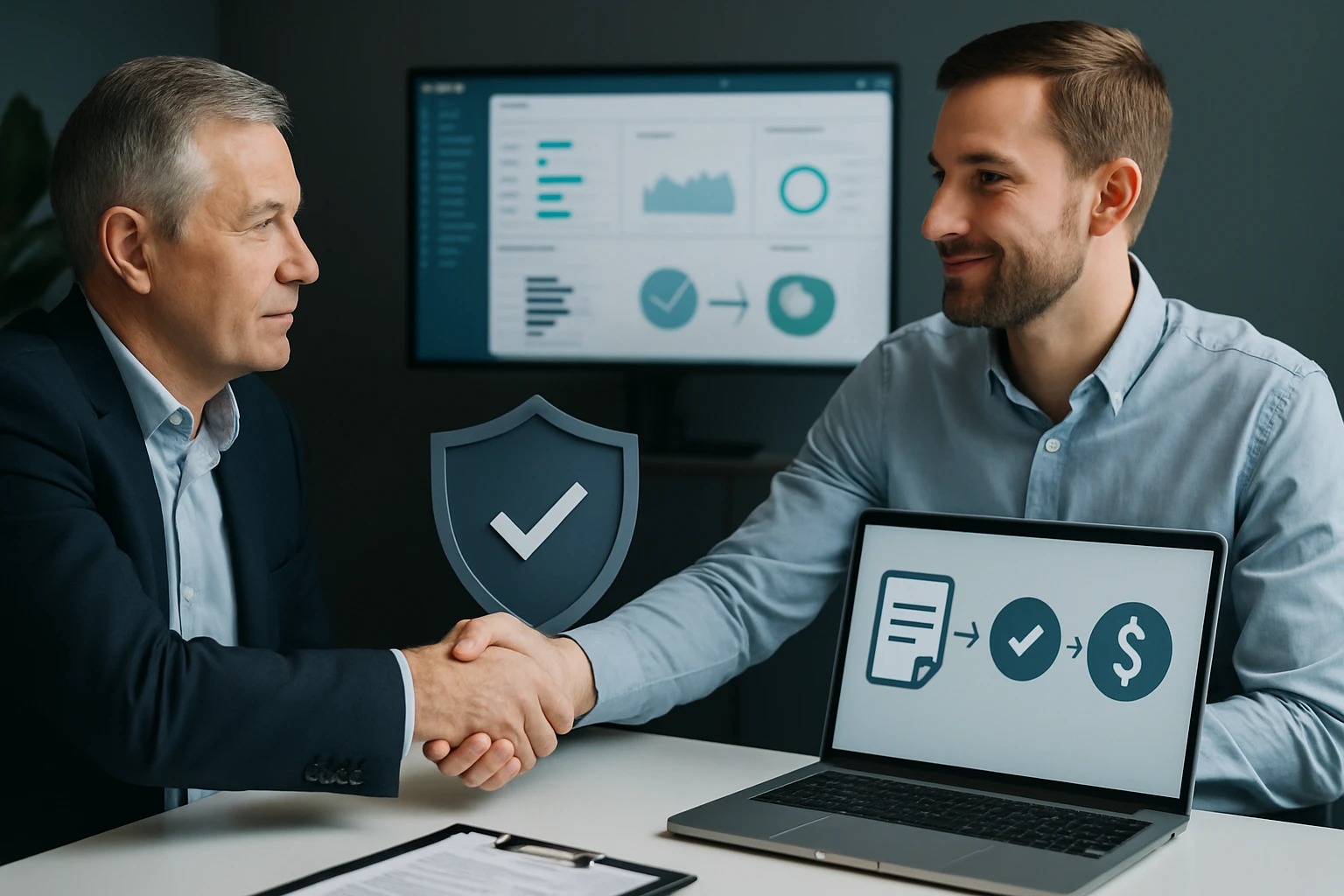 Két üzletember kezet fog, miközben a laptopon pénzügyi adatok láthatók.