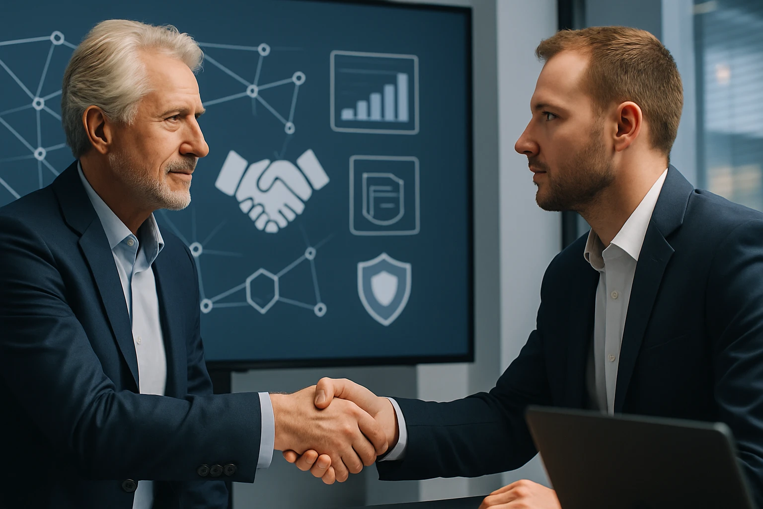 Két üzletember kézfogása egy modern irodai környezetben, háttérben grafikus elemekkel.