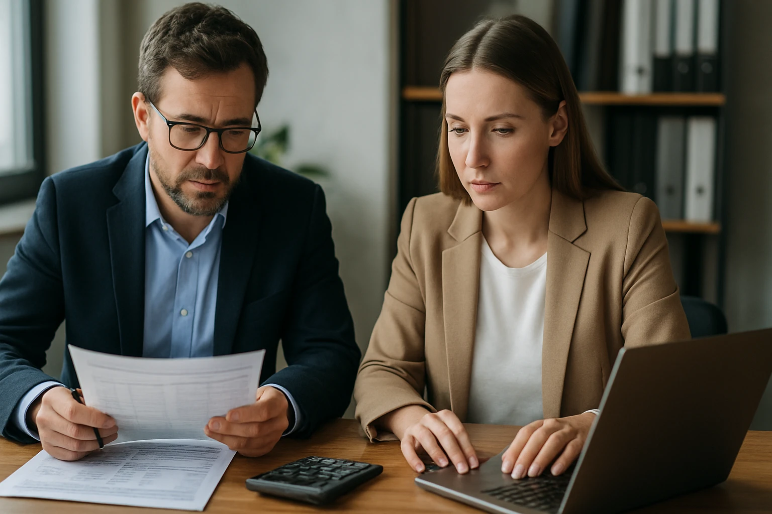 Két üzletember egy asztalnál ül, papírokat és laptopot használnak.